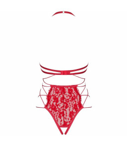 Body sexy rouge en dentelle seins nus à laçage latéraux L/XL - Obsessive