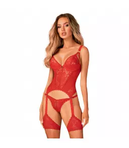 Ensemble sexy corset rouge à jarretelles et string XS/S - Obsessive