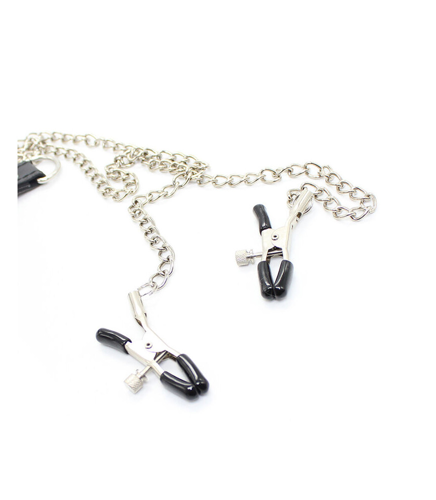 Pinces à tétons métalliques bdsm avec bracelet en cuir et anneau - Ohmama Fetish